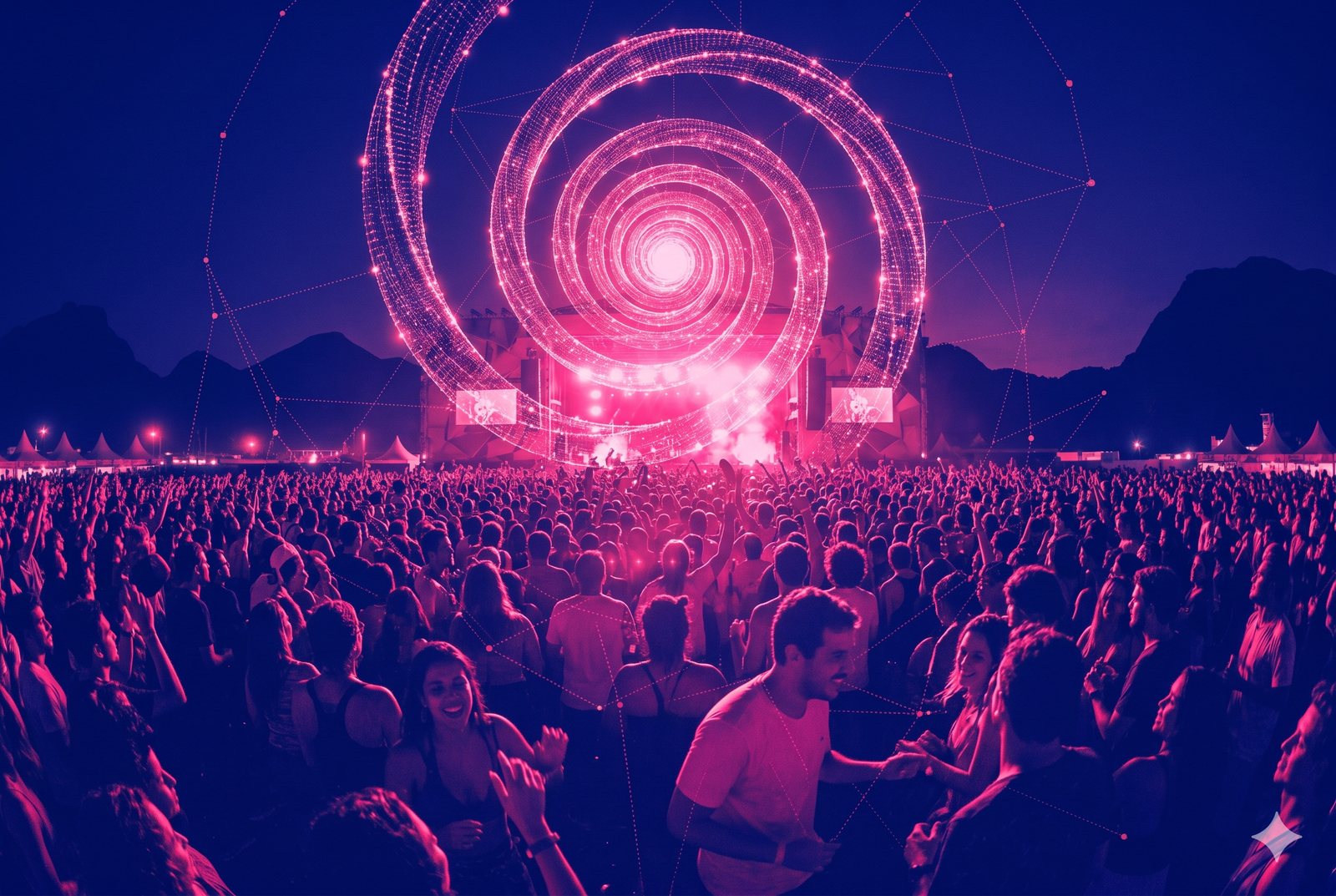 Espiral luminosa em que cada volta representa uma edição do festival, crescendo e brilhando mais a cada ciclo até formar um núcleo brilhante