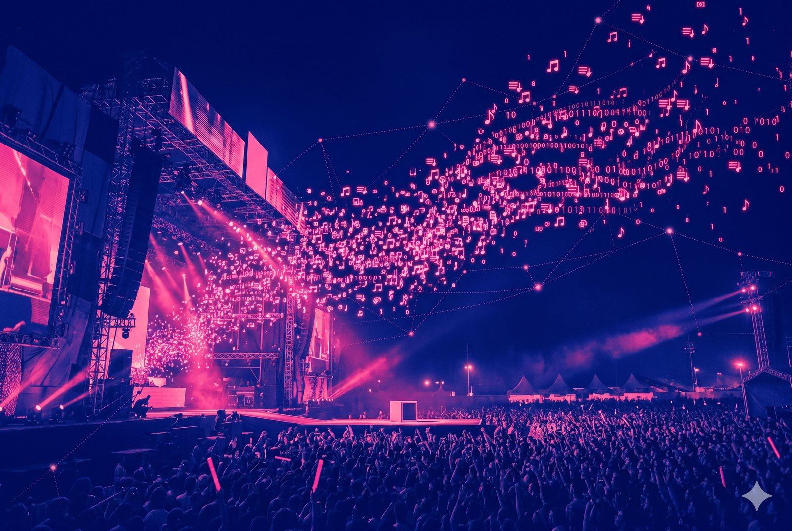 Palco gigante de festival lançando milhares de partículas de playlist e dados para a noite, com uma pequena caixa vazia sozinha no centro do palco