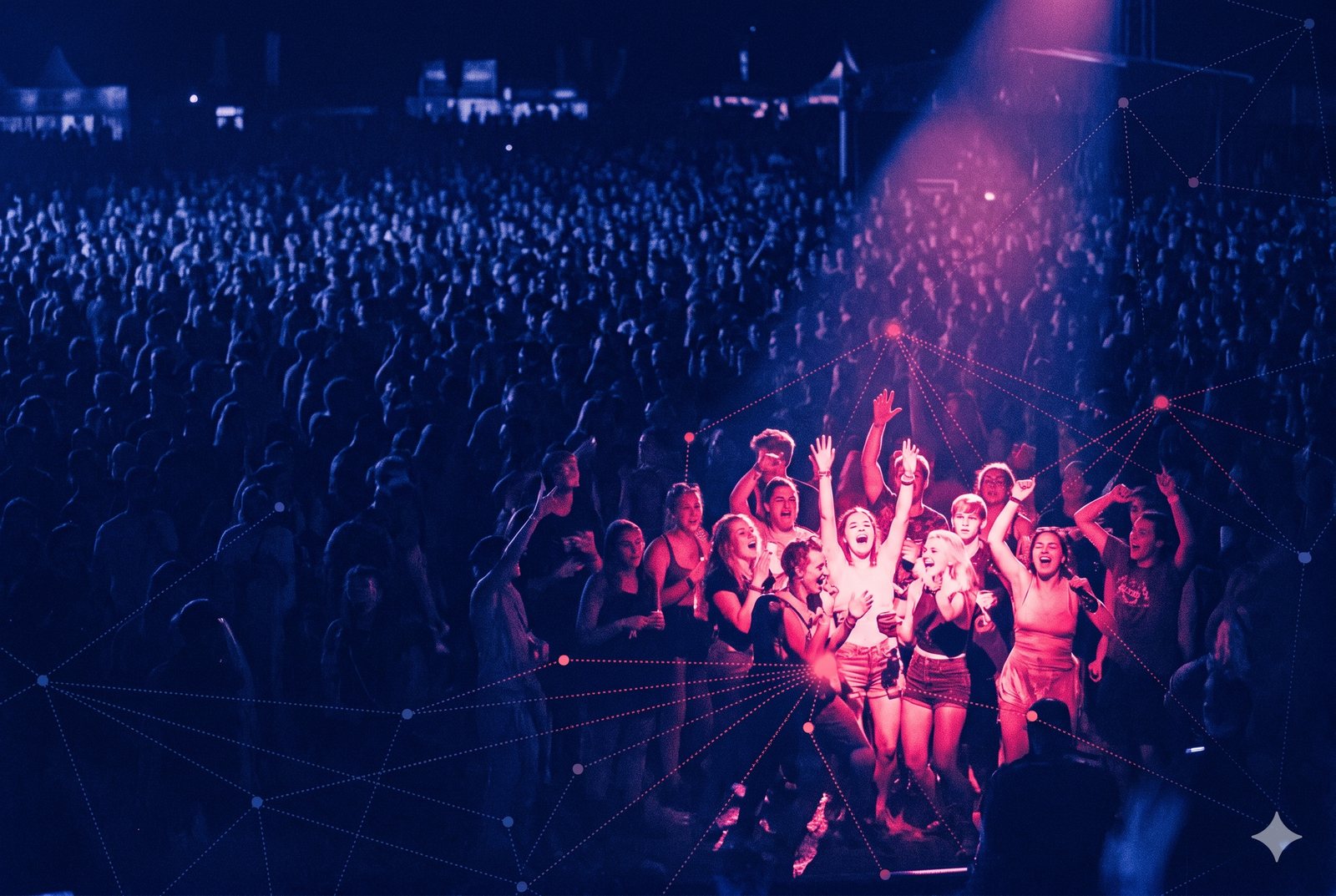 Um oceano de figuras esmaecidas e idênticas com um pequeno grupo (cerca de 2%) brilhando intensamente em rosa neon sobre fundo quase preto
