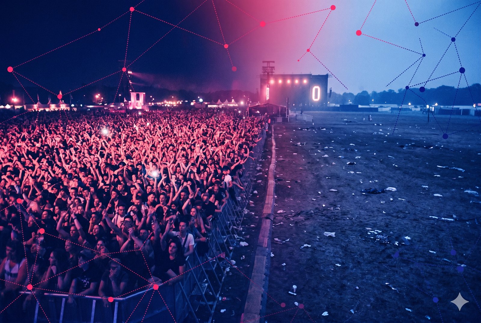Campo de festival lotado à noite dissolvendo-se no mesmo campo vazio ao amanhecer, com um zero formado por luzes de palco remanescentes